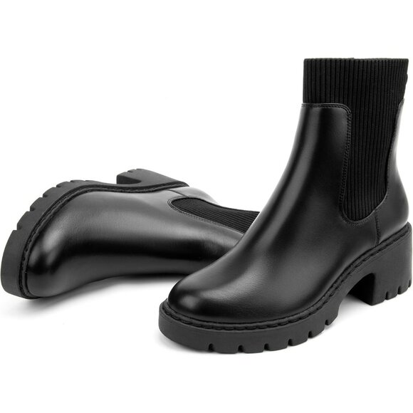 Women's Black Platform Chelsea Boots Lug Sole Chunky Heel Zipper Slip On - Picture 4 of 6